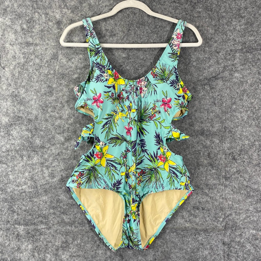 ModCloth One Piece Swimsuit Large Stevie Mint Floral Cutout Tropical - Picture 2 of 11